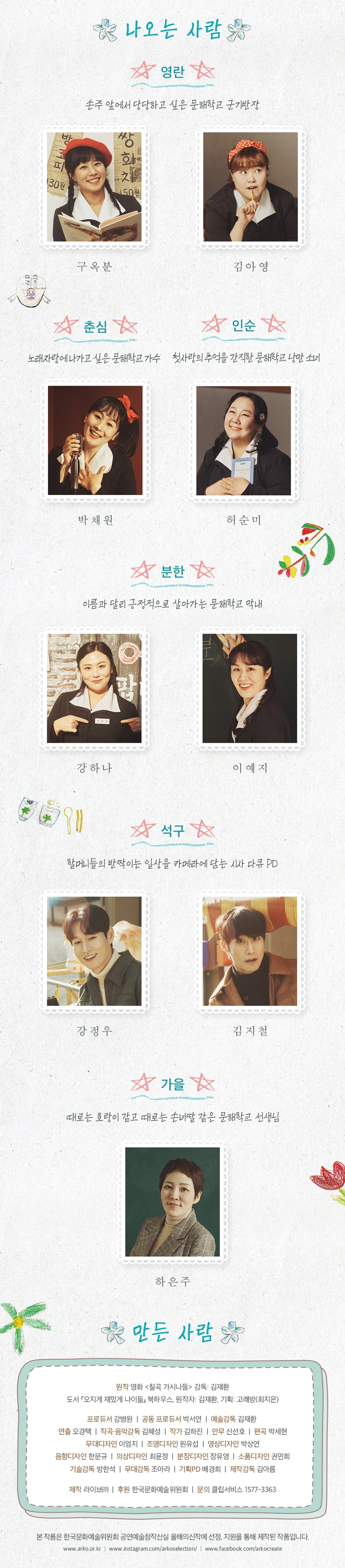 나오는 사람  

영란  
손주 앞에서 당당하고 싶은 문해학교 근기반장  
- 구옥분  
- 김아영  

춘심  
노래자랑에 나가고 싶은 문해학교 가수  
- 박채원  

인순  
첫사랑이 죽었을 감지한 문해학교 나잇 소녀  
- 허순미  

분한  
이름과 달리 긍정적으로 살아가는 문해학교 안내  
- 강하나  
- 이예지  

석구  
할머니들의 반짝이는 일상을 카메라에 담는 시사 다큐 PD  
- 강정우  
- 김지철  

가을  
때로는 호랑이 같고 때로는 손녀딸 같은 문해학교 선생님  
- 하은주  

만든 사람  
원작 영화 <칠곡 가시나들> 감독: 김재환  
도서 『오지게 재밌게 나이듦』: 박하수옥, 원작자 김재환, 가필: 고재현(칠곡군)  

프로듀서 정병원 | 공동 프로듀서 박석기 | 예술총감독 김재환  
연출 오경택 | 극작 오경택 김중희 | 작가 김중희 | 안무 신선호 | 협력 박세원  
무대디자인 이영지 | 조명디자인 외국선 | 음향디자인 박무일 | 영상디자인 한수진  
음악디자인 한유리 | 의상디자인 조민정 | 분장디자인 김영선 | 소품디자인 권민희  
기술감독 김태석 | 무대감독 문수민 | 제작 PD 배상민 | 제작 조연출 박소영  

제작 라인컴퍼니 | 후원 한국문화예술위원회 | 문의 클립서비스 1577-3363  

※ 본 작품은 한국문화예술위원회 공연예술창작산실 올해의신작 선정, 지원을 통해 제작된 작품입니다.  
홈페이지: www.arko.or.kr  
인스타그램: instagram.com/arkoselection  
페이스북: facebook.com/arkocreate
