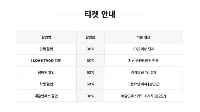 티켓 안내

할인명, 할인율, 적용대상

단체 할인: 30%, 10인 이상 단체

I LOVE TAGO 티켓: 30%, 지난 공연 관람권 인증

장애인 할인: 50%, 장애유공 1인 2매

학생 할인: 50%, 고등학생 이하 [본인만]

예술인패스 할인: 30%, 예술인패스카드 소지자 [본인만]